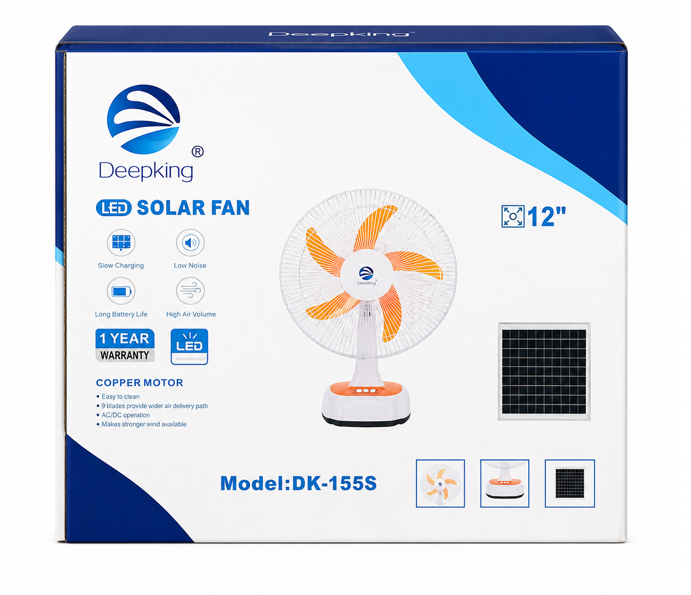 پنکه خورشیدی ۱۲ اینچ دیپ کینگ مدل Deepking DK-155S؛ شارژی، مجهز به چراغ LED و پنل سولار اختصاصی